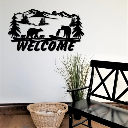 Bear Welcome Sign Front Door Hanger Bears And Cubs Entryway Decor Rusic Cabin Decor Wildlife Art Lake House Decor