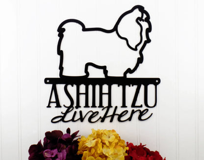 Shih Tzu Lives Here Metal Sign Black, Outdoor Wall Art, Dog Silhouette Wall Art, Outdoor Signs, Metal Wall Art Laser Cut Metal Signs Custom Gift Ideas