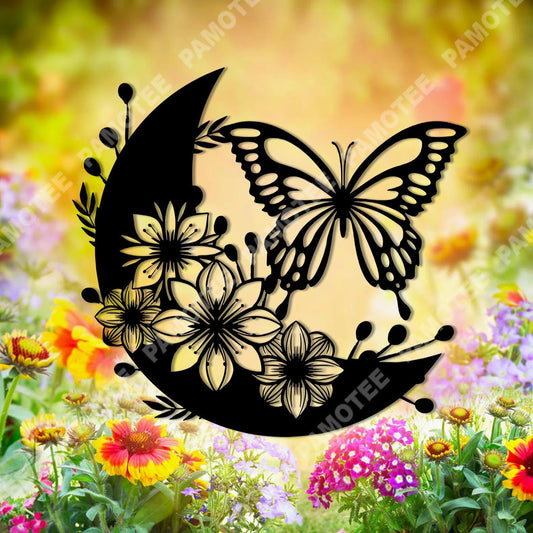 Floral Butterfly And Moon Metal Sign Monogram, Wall Hanging, Metal Laser Cut Metal Signs Custom Gift Ideas - 8 inches - metal sign