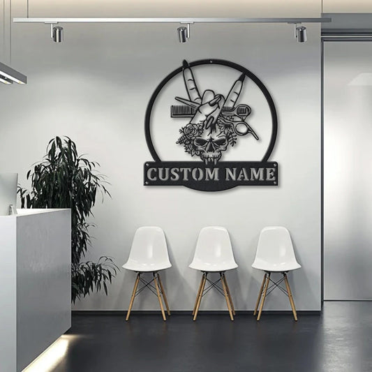 Hair Hustler Skull Flower Personalized Metal House Sign - 8 inches - metal sign