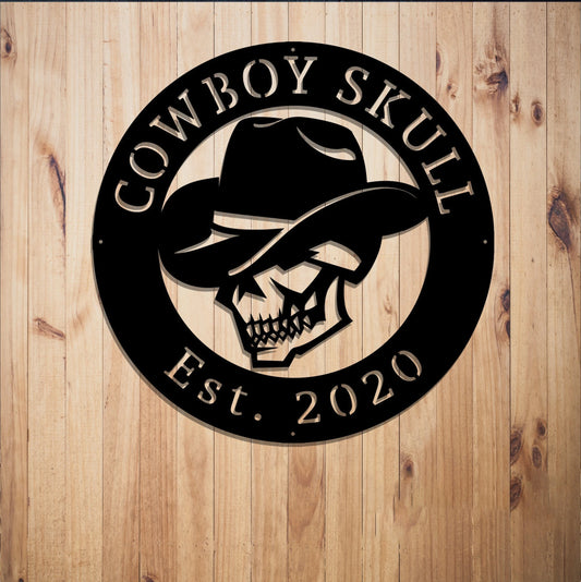Cowboy Skull Sign Country Sign Steel Art Family Established Sign West Sign Wild Sign Western Sign Entrance Garage Texan Skull - 8 inches - metal sign