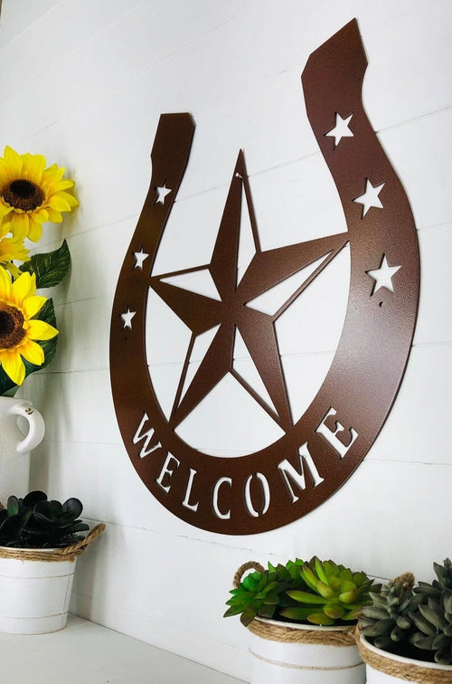 Horseshoe Lone Star Welcome Metal Wall Sign powder Coated Howdy Partner Texas Star Westernmetal Art