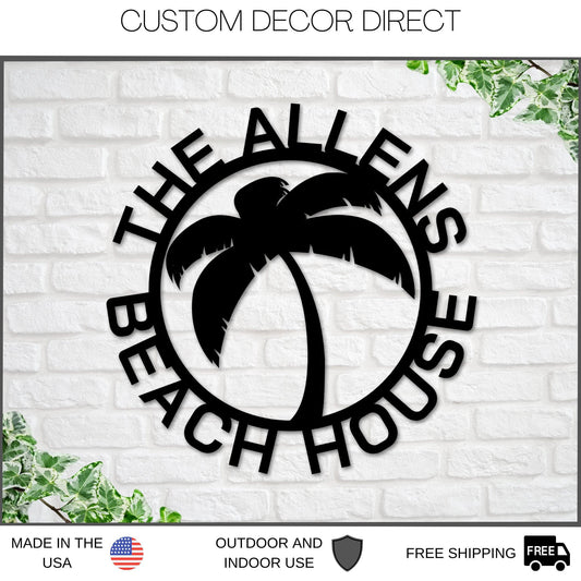 Palm Tree Metal Sign, Beach House Personalized, Steel Metal Wall Sign, Wall Customized With Name And Palm - metal sign