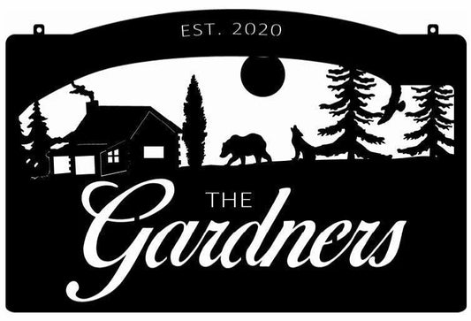 Metal Cabin Sign With Coyotebear cabin woodland Scene Customized With Your Name Metal House Sign - 8 inches - metal sign