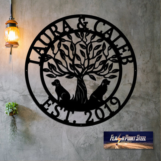 Tree Of Life Sign, Dog Family, Entrance, Gate, Plasma Cut Steel Sign, Custom Monogram, Wreath, Welcome - metal sign