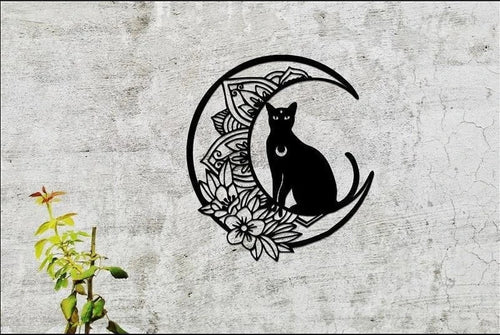 Black Cat On The Moon Sign Cat And Moon Moon Cat Sign Black Cat And Moon Decor Magic Moon Cat Sign