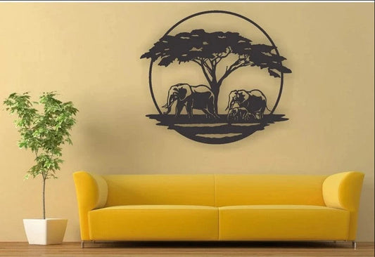 Elephant family under the tree Metal House Sign Laser Cut Metal Signs Custom Gift Ideas - 8 inches - metal sign