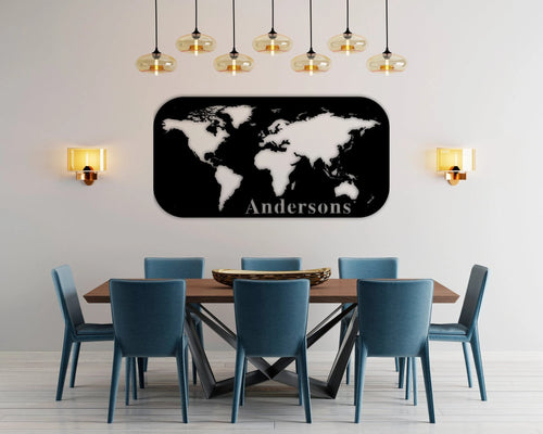 Custom Family Name Metal Sign World Map Metal Art Home Traveling Decor Last Name Sign Metal Decorative Wall Art