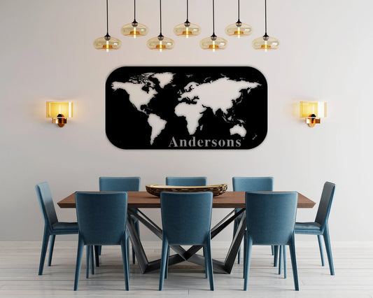 Custom Family Name Metal Sign World Map Metal Art Home Traveling Decor Last Name Sign Metal Decorative Wall Art - 8 inches - metal sign