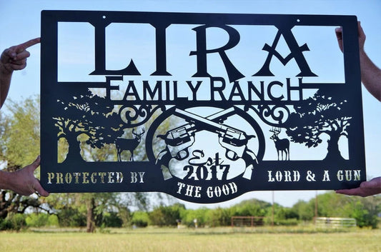 Hunting Family ranch protected by the good Lord and Personalized Cut Metal Sign Laser Cut Metal Signs Custom Gift Ideas - 8 inches - metal sign