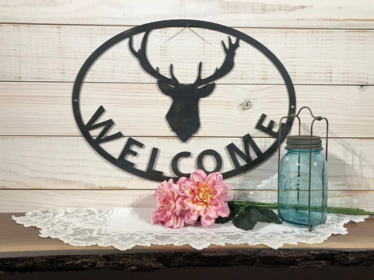 Large Metal Deer Antler Welcome Sign 30 Inch Rustic Metal Decor - 8 inches - metal sign