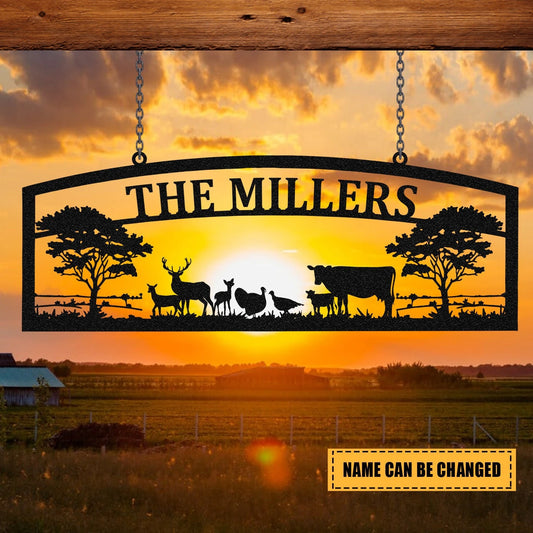 Personalized Family Name Cow Turkey Deer Hunting Metal Sign Monogram, Metal Laser Cut Metal Signs Custom Gift Ideas - 8 inches - metal sign
