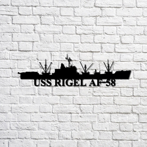 Uss Rigel Af58 Navy Ship Metal Sign, Memory Wall Metal Sign Gift For Navy Veteran, Navy Ships Silhouette Metal Sign Laser Cut Metal Signs Custom Gift Ideas