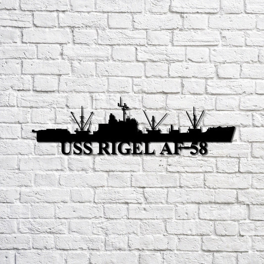 Uss Rigel Af58 Navy Ship Metal Sign, Memory Wall Metal Sign Gift For Navy Veteran, Navy Ships Silhouette Metal Sign Laser Cut Metal Signs Custom Gift Ideas