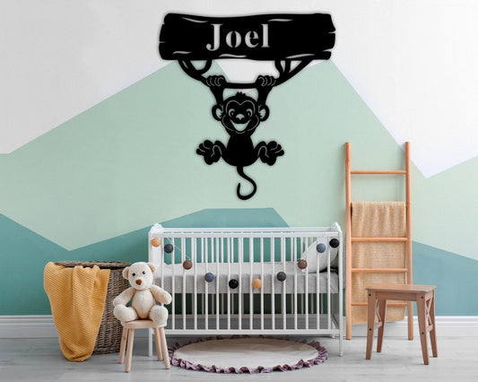 Monkey Nursery Name Sign Custom Nursery Sign Kids Name Sign Monkey Monkey Sign Kids Bedroom Door Hanger Boy Bedroom Name Sign - 8 inches - metal sign