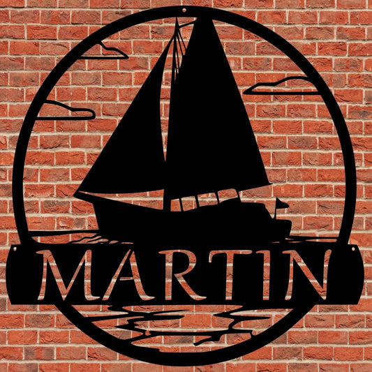 Monogram Sailboat Ocean Sailor Metal Sign Personalized Wedding Gift Housewarming Weatherproof - 8 inches - metal sign