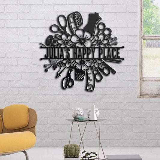 Happy Place Sewing Lovers Personalized Metal Sign Laser Cut Metal Signs Custom Gift Ideas - 8 inches - metal sign