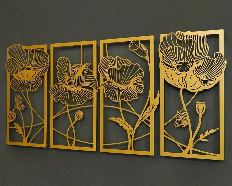 4 Panel Large Metal Flowers Wall Art Living Room Wall Art Bedroom Wall Decor Extra Large Wall Art