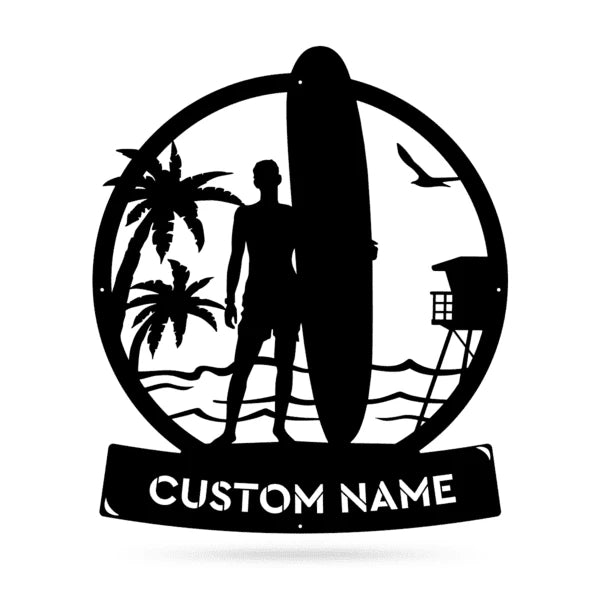 Longboard Male Surfer Monogram Cut Metal Sign Metal House Sign
