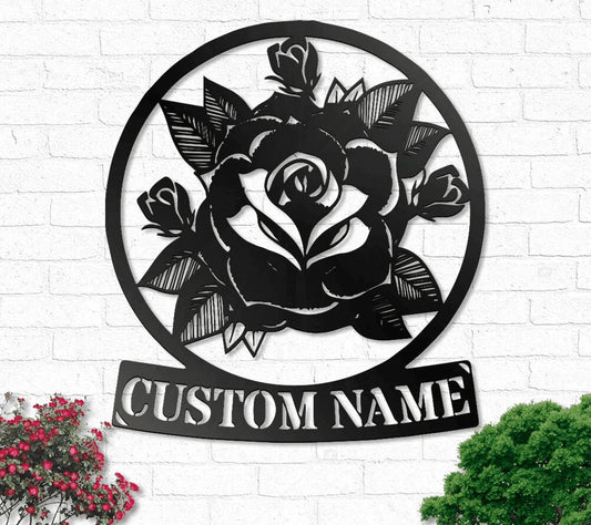 Custom Name Vintage Rose Metal House Sign - 8 inches - metal sign