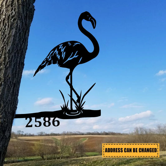 Customized Address Number Flamingo Metal Tree Stake, Metal Garden Art Laser Cut Metal Signs Custom Gift Ideas - 8 inches - metal sign