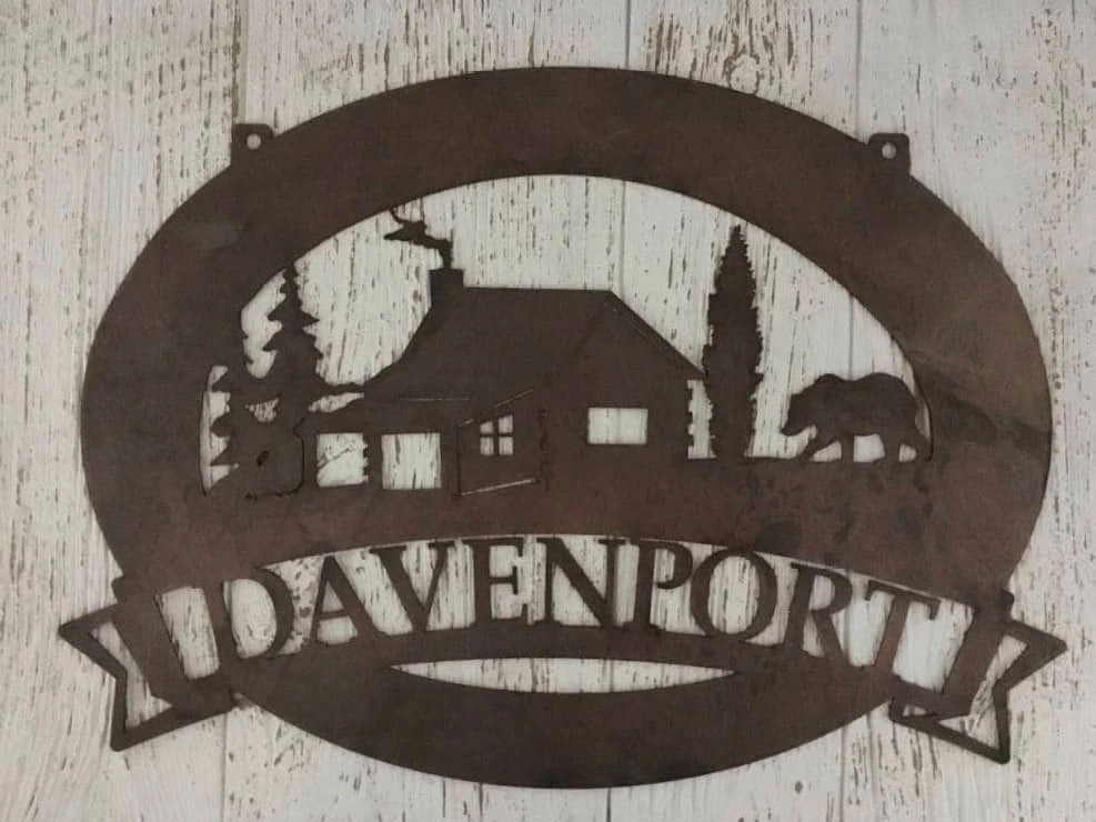 Metal Cabin Bear Sign With Cabin And Bear Or Moose Metal House Sign