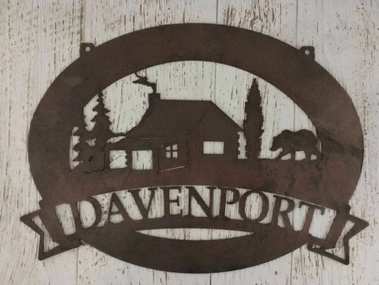 Metal Cabin Bear Sign With Cabin And Bear Or Moose Metal House Sign - 8 inches - metal sign