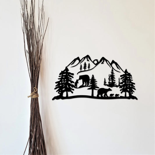 Metal Bear Scene Bears And Bear Cubs Wildlife Art Rustic Bear Decor Outdoor Mountain And Trees Cabin Sign Lake House Bathroom Light - 8 inches - metal sign