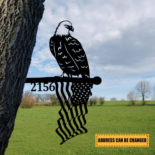 Customized Address Number Eagle American Flag Metal Tree Stake, Gift For Dad Laser Cut Metal Signs Custom Gift Ideas - 8 inches - metal sign