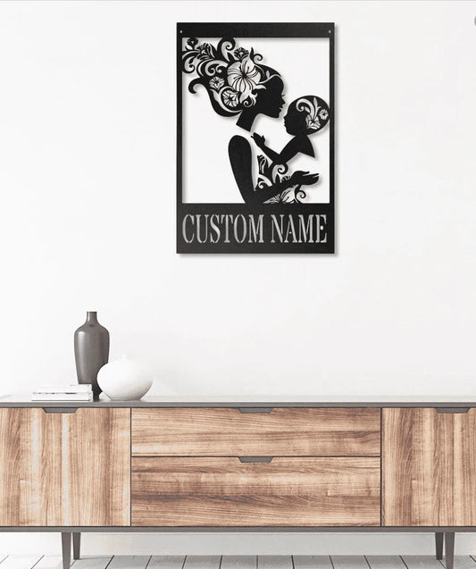 Custom Name Floral Mother And Child Metal House Sign - 8 inches - metal sign