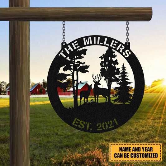 Personalized Family Name Date Deer Doe Hunting Metal Sign Monogram, Custom Outdoor Cabin, Lodge, Camp - metal sign