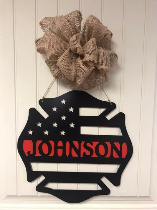 Firefighter Maltese Cross Monogram Door Hanger Personalized Gift Firefighter gift Fireman Gift for him Front door decor - 8 inches - metal sign