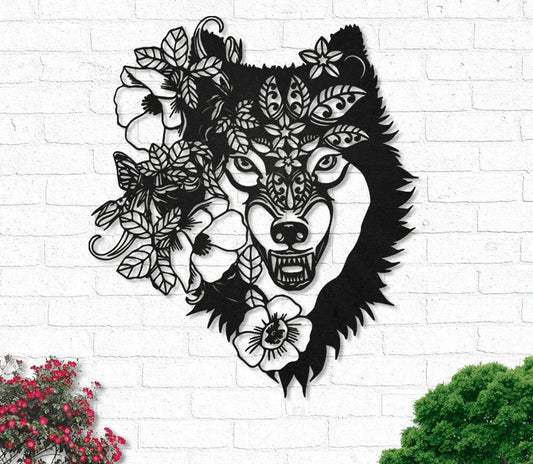 Howling Wolf Floral Metal House Sign - 8 inches - metal sign