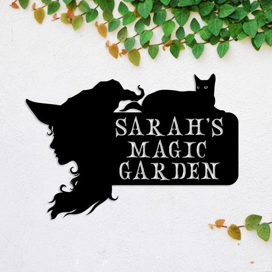Personalized Witch Black Cat Halloween Metal Garden Sign, Metal Laser Cut Metal Signs Custom Gift Ideas - 8 inches - metal sign