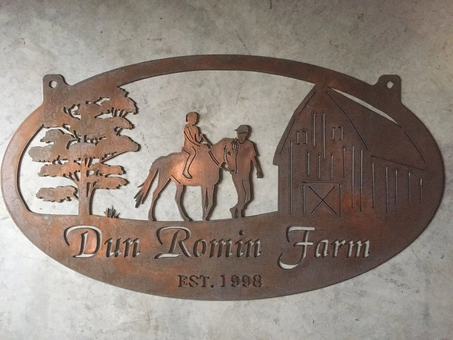 Metal Horse Sign With Barn And Man Leading Girl On Horse3ft Sign Metal House Sign