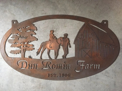 Metal Horse Sign With Barn And Man Leading Girl On Horse3ft Sign Metal House Sign