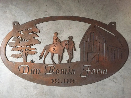 Metal Horse Sign With Barn And Man Leading Girl On Horse3ft Sign Metal House Sign - 8 inches - metal sign