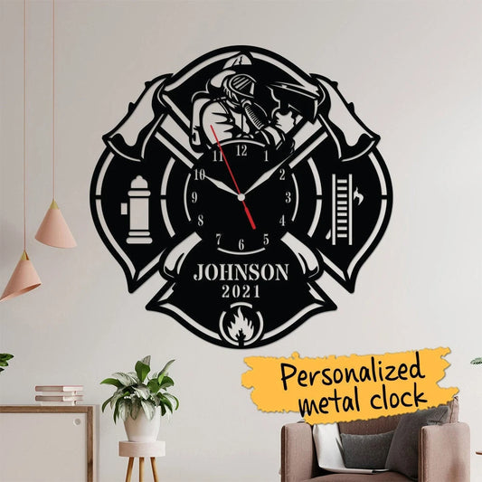 Personalized Clock Metal Wall, Metal Large Wall Clock, Firefighter Clock Metal Signs, Unique Home Decor - metal sign