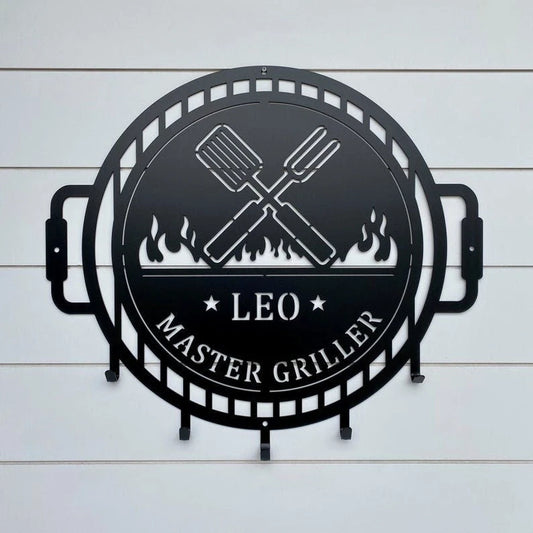 Grill Master Metal Sign With Utensil Hangers Grill Master Name Sign With Metal Hooks For Hanging Grilling Utensils - 8 inches - metal sign