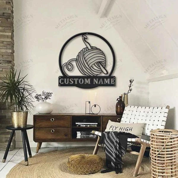 Personalized Crochet Monogram Metal Wall Decor V, Cut Metal Sign, Metal Wall Art, Metal House Sign, Metal Laser Cut Metal Signs Custom Gift Ideas
