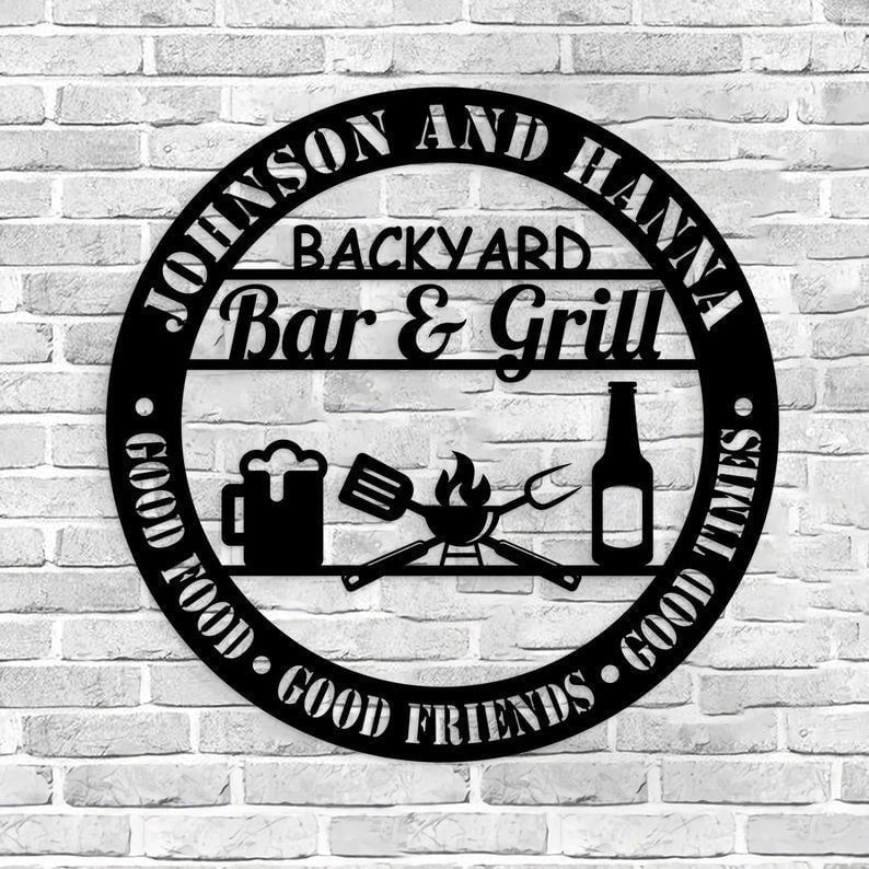 Personalized Backyard Bar & Grill Metal Wall Beer Sign Bbq Outside Wall Decor Family Name Metal Sign