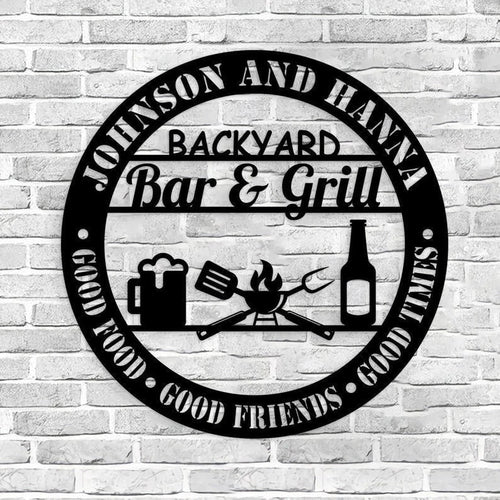 Personalized Backyard Bar & Grill Metal Wall Beer Sign Bbq Outside Wall Decor Family Name Metal Sign