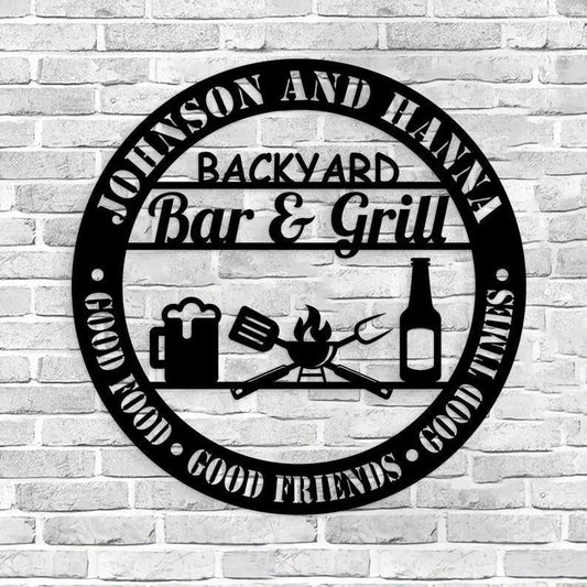 Personalized Backyard Bar & Grill Metal Wall Beer Sign Bbq Outside Wall Decor Family Name Metal Sign - 8 inches - metal sign