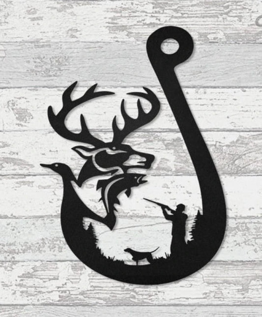 Deer Hunting Fish Hook Cut Metal Sign Laser Cut Metal Signs Custom Gift Ideas - 8 inches - metal sign
