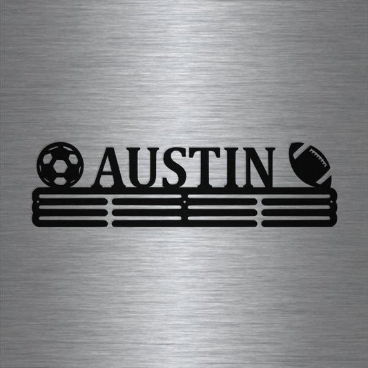 Soccer And Football Custom Name Medal Hanger Holder Display Rack Male 3 Rung, Cut Metal Sign, Metal Wall - metal sign