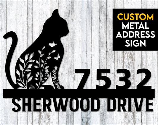 Floral Cat Metal Address Sign Custom Address Sign Cat Lover Gift Laser Cut Metal Signs Custom Gift Ideas - 8 inches - metal sign