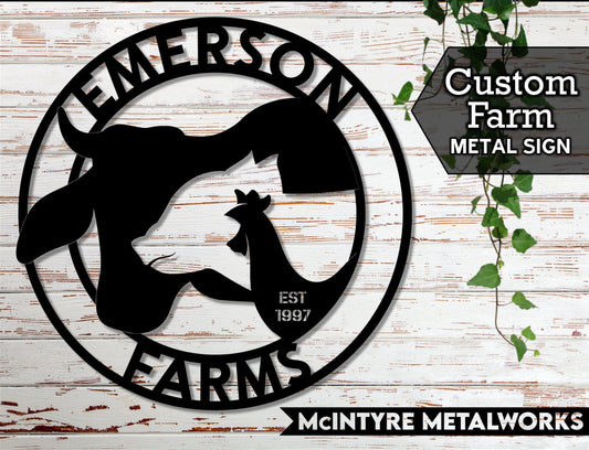 Custom Farm Sign, Metal Sign, Family Name Sign, Personalized Farm Sign, Cow, Pig, And Chicken Laser Cut Metal Signs Custom Gift Ideas - 8 inches - metal sign