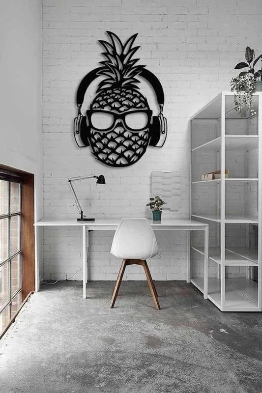 Pineapple Listening To Music Headphones Decor Wall Art Cut Metal Sign Laser Cut Metal Signs Custom Gift Ideas - 8 inches - metal sign