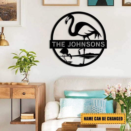 Customized Family Name Flamingo Metal Sign, Beach Door Hanging, Wedding Gift Laser Cut Metal Signs Custom Gift Ideas - 8 inches - metal sign