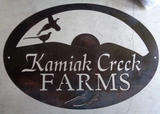 Metal Pheasant Sign With Pheasants Hills And Rising Sun And Wheat Stalks Across The Bottom Metal House Sign - 8 inches - metal sign